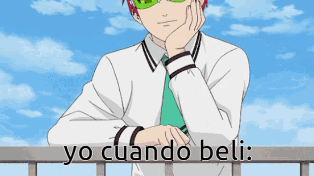 a man in a white shirt and green tie is leaning on a railing with yo cuando beli written on it