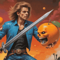 a man in a blue jacket is holding a sword in front of an orange with a skull on it 's head