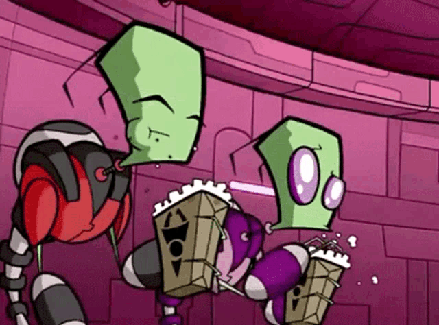 a couple of cartoon characters are standing next to each other eating popcorn .