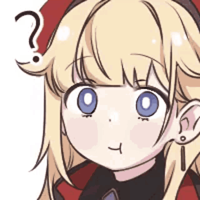 a cartoon girl with blonde hair and blue eyes is wearing a red hat with a question mark on it .
