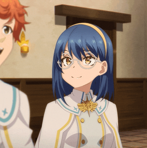 a girl with blue hair and glasses stands next to another girl