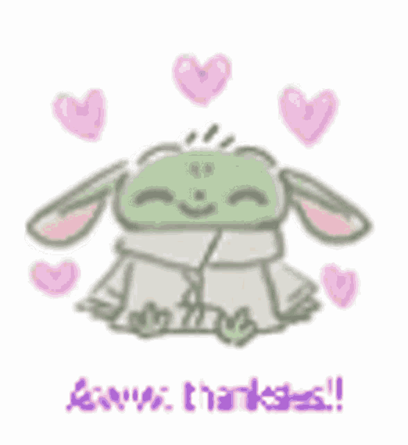 a drawing of a baby yoda surrounded by pink hearts and the words `` thank you '' .