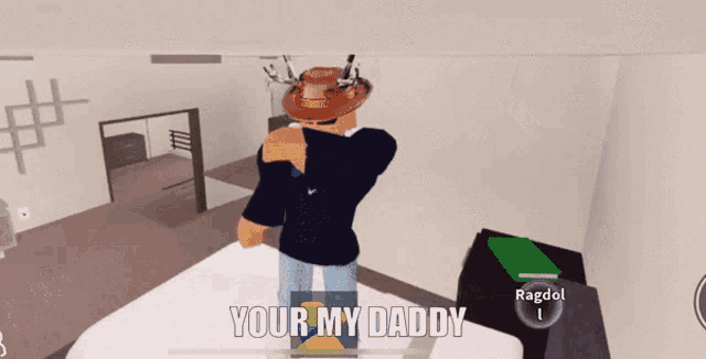 a man in a cowboy hat is standing on a bed with the words " your my daddy " on the screen
