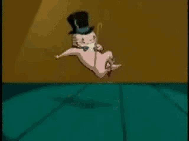 a cartoon man in a top hat is holding a wand and dancing with a mouse .