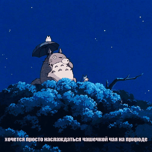 a cartoon of a totoro holding an umbrella and a cat on top of it