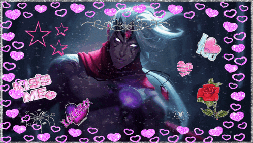a man with a crown on his head is surrounded by hearts and the words kiss me