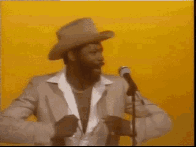 a man wearing a cowboy hat is standing in front of a microphone .
