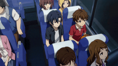 a group of anime characters are sitting on a bus looking out of the window