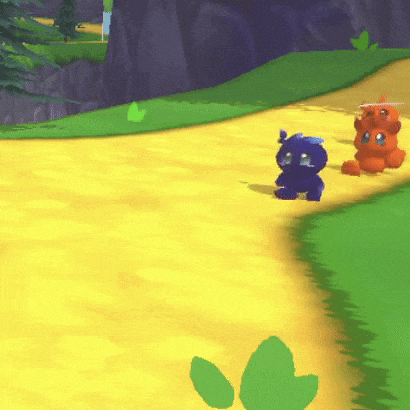 a group of cartoon animals are walking down a path in a video game