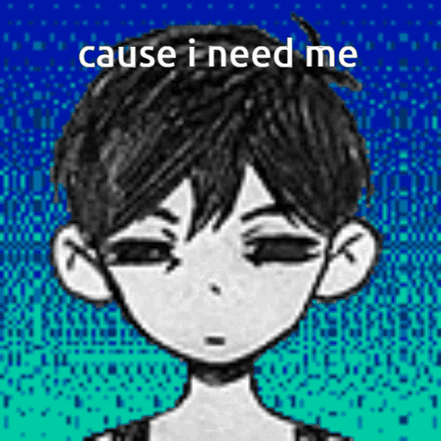 a black and white drawing of a boy with the words " cause i need me " above him
