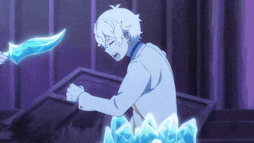 a man in a white suit is holding a blue sword in his hand