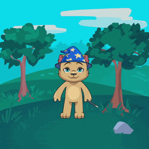 a cat wearing a wizard hat holds a wand