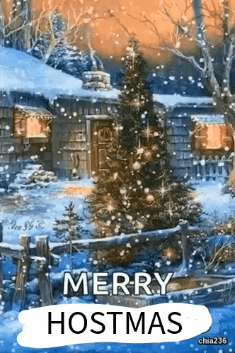 a merry hostmas message with a christmas tree in the snow