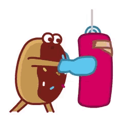 a cartoon donut is hitting a punching bag with a boxing glove .