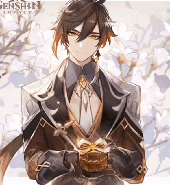 a genshin impact poster with a man holding a gift