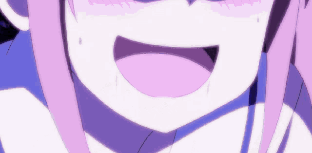 a close up of a girl 's face with pink hair and a purple background