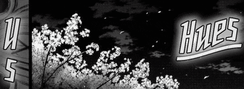 a black and white image of a tree with flowers and the word hues on the bottom
