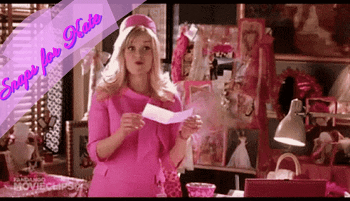 a woman in a pink dress is holding a piece of paper with the words snaps for kate written above her