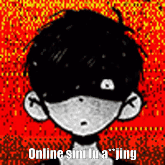 a black and white drawing of a boy with the words online sini lu a jing below him