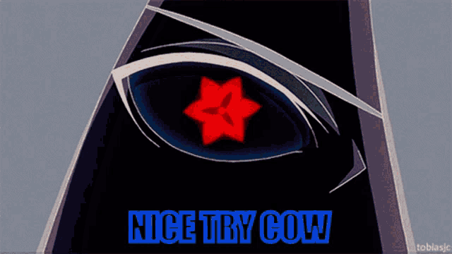 a close up of a person 's eye and the words nice try cow