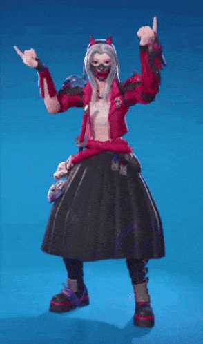 a woman in a red jacket and black skirt is standing on a blue background .