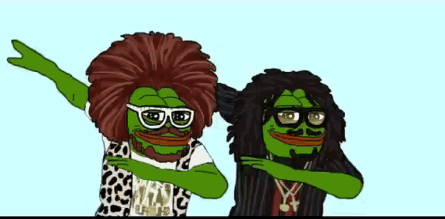 a cartoon of two green frogs wearing glasses and a leopard print shirt