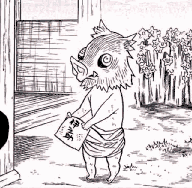 a black and white drawing of a pig with a human head holding a bag .