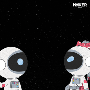 a cartoon of two robots standing next to each other with the word waker on the bottom left