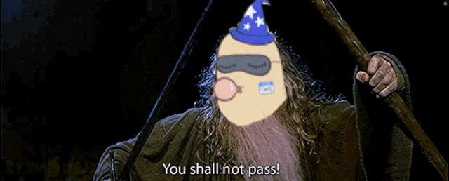 a cartoon of a man blowing a pink bubble with the words you shall not pass below him