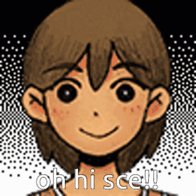 a cartoon character with brown hair and black eyes is smiling and says oh hi sce !