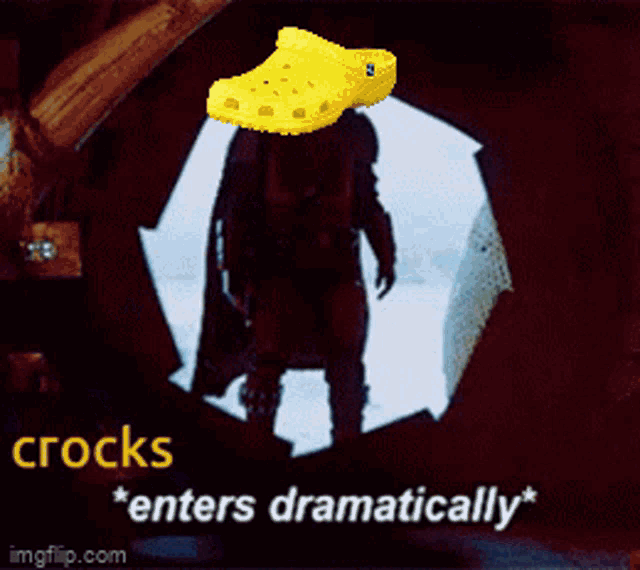a picture of a man with a croc on his head that says " rocks "