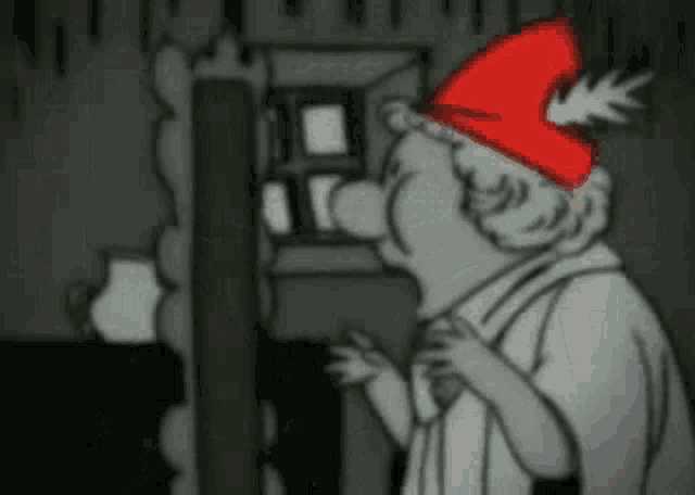 a cartoon of a man wearing a red hat .