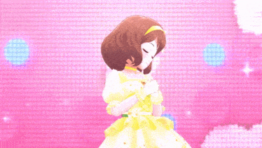 a girl in a yellow dress has her eyes closed and a flower in her hair