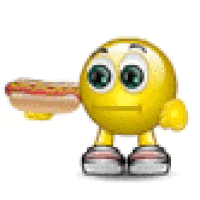 a yellow smiley face is holding a hot dog in its hand .