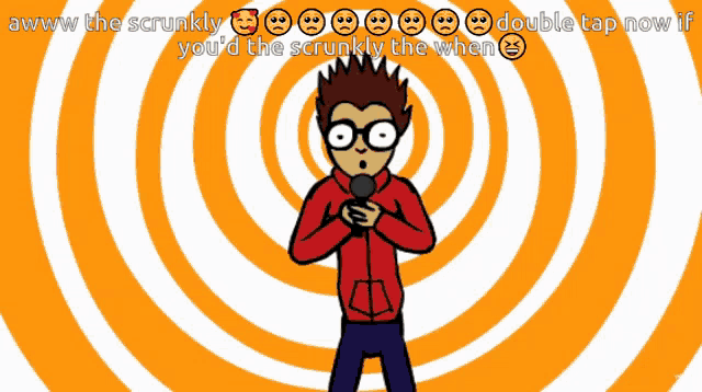 a cartoon character is holding a microphone in front of a spiral background