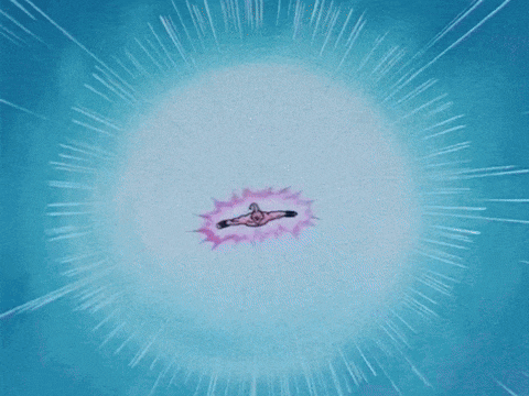 a cartoon character is flying through the air with purple lightning coming out of his mouth .
