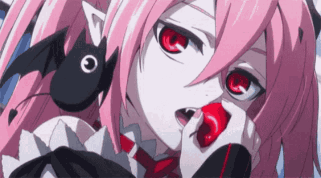 a girl with pink hair and red eyes is wearing headphones