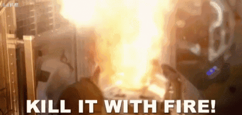 a person is standing in front of a fire with the words kill it with fire .