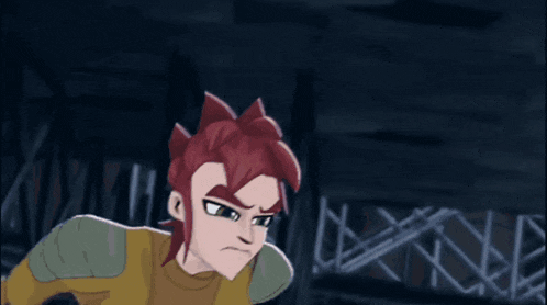 a cartoon character with red hair and a yellow shirt looks angry