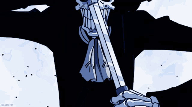 a drawing of a skeleton holding a sword with okami-fr written on the bottom right