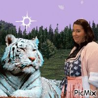 a woman is standing next to a white tiger with a picmix watermark