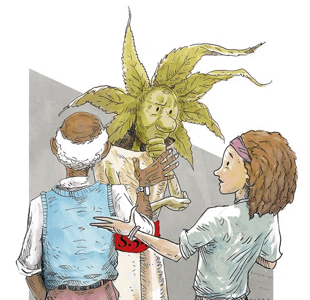 a drawing of a man and a woman looking at a plant with a red s on it