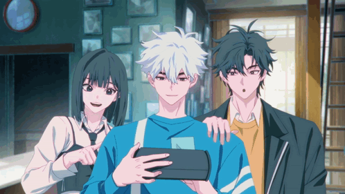 three anime characters are posing for a picture and one of them is holding a tablet