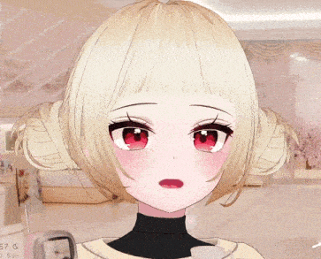 a girl with blonde hair and red eyes is standing in front of a sign that says 57 and sun