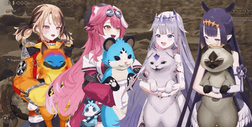 a group of anime characters are standing next to each other with one of them holding a cat