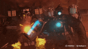 a computer generated image of a man smoking a cigarette next to a robot that says hailuo ai at the bottom