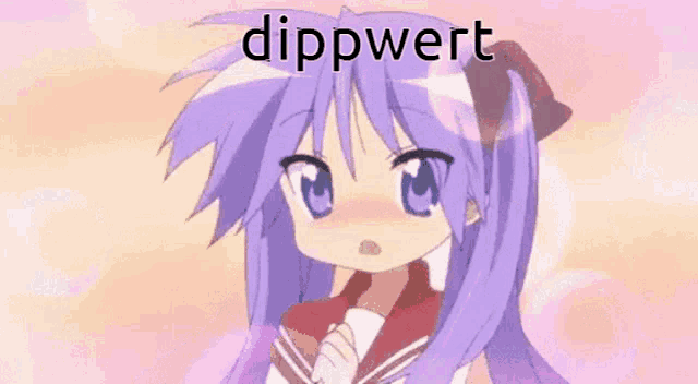 a purple haired anime girl with the word dippwert written on the bottom