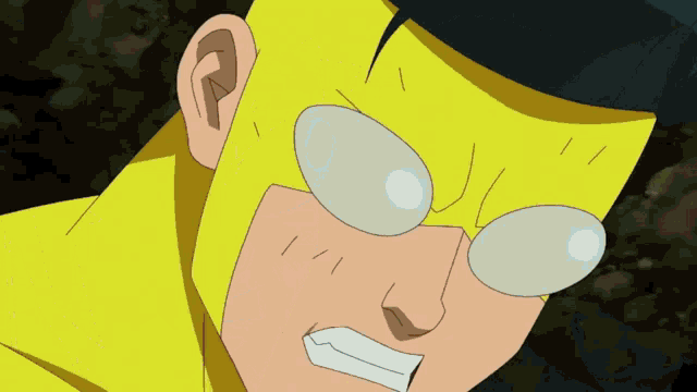 a close up of a cartoon character with glasses