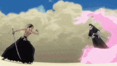 a man with a sword and a woman with a sword are fighting in the desert