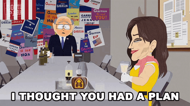 a cartoon of a man and a woman sitting at a table with the caption " i thought you had a plan " above them